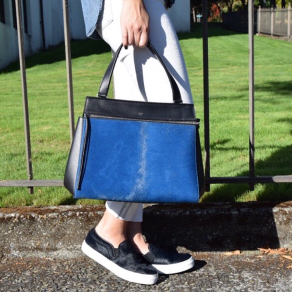 CELINE RARE NWT Medium Edge Satchel Blue Ponyhair & Black Leather - Picture 2 of 13